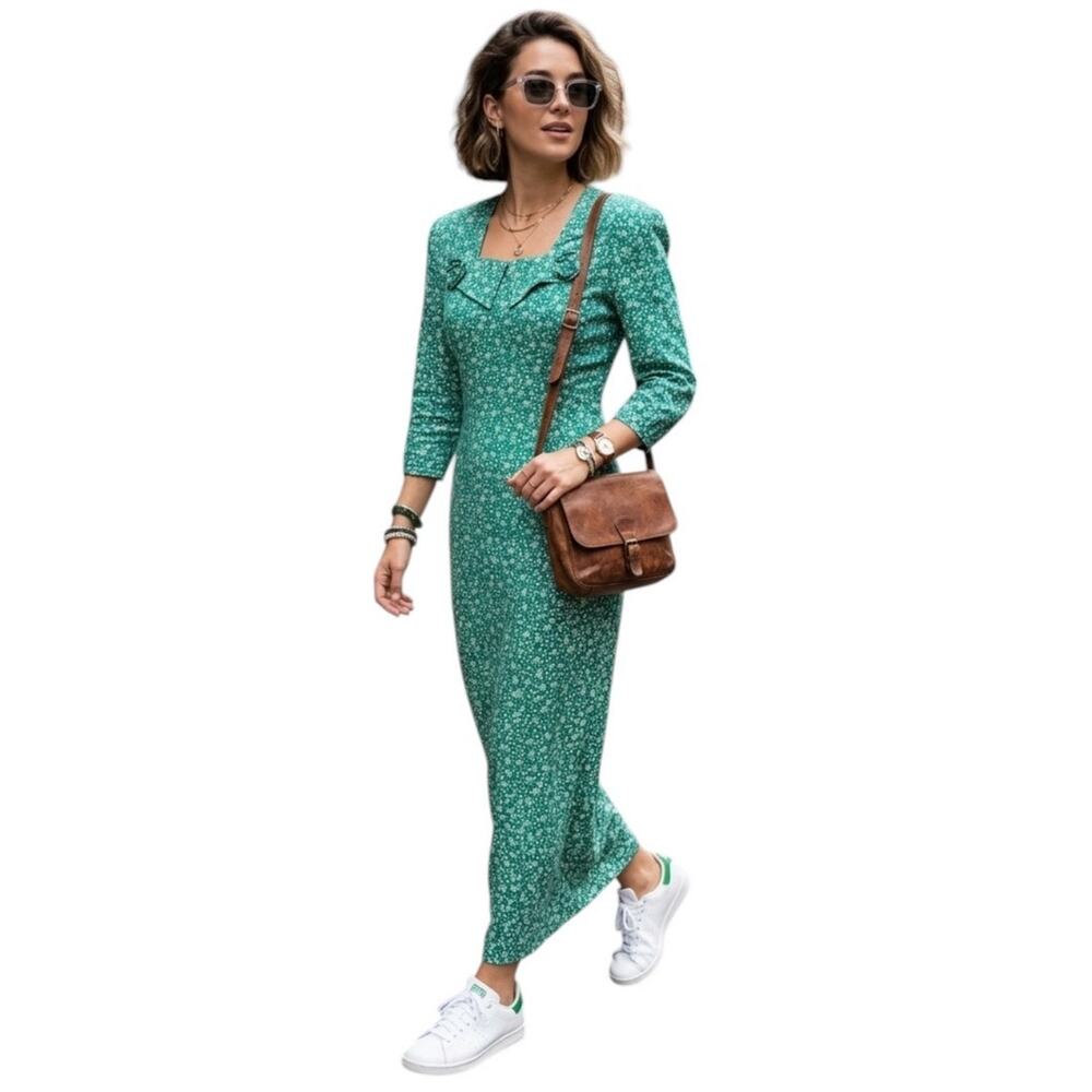 Brioche California 80s Vintage Teal Ditsy Floral Cottagecore Column Dress Small